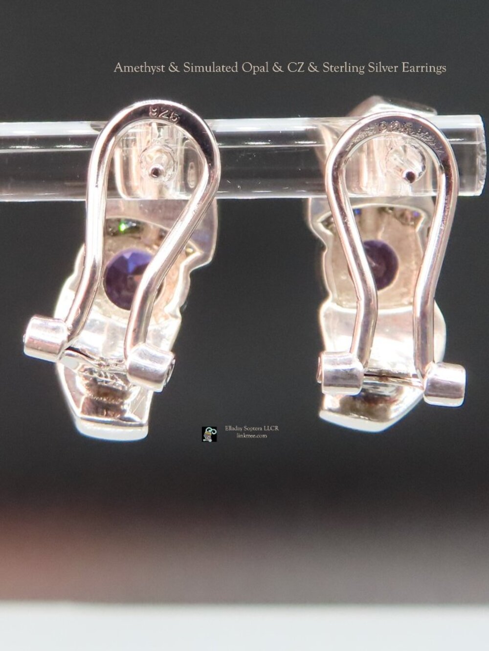 [SALE!] AK Amethyst & Simulated Opal & CZ & Sterling Silver Earrings - Picture 3 of 7
